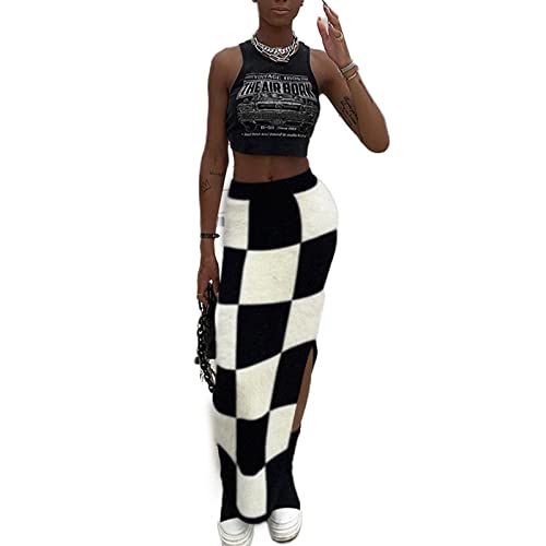 SHIPPOOOU Women High Waist Plaid Elastic Long Skirts Side Split Knit Bodycon Midi Skirt