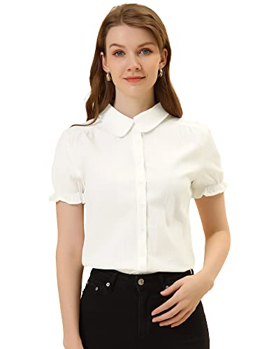 Allegra K Women's Cotton Short Sleeve Button Down Peter Pan Collar Blouse Medium White