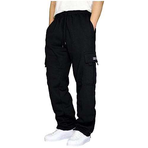 Men's Cargo Sweatpants Casual Fleece Joggers Loose Fit Open Bottom Athletic Pants for Men with Pockets Black S