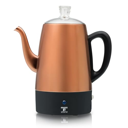 Moss & Stone 10 Cup Copper Percolator Coffee Pot Electric, Stainless Steel Coffee Percolator Electric With Keep Warm Function, Classic Perculator Pot With Removable Basket for Home or Office