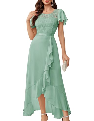 BeryLove Prom Dresses for Women Wedding Guest Ruffe Short Sleeve Elegant Cocktail Bridesmaid Party Dress High Waist Lace Long Formal Dress 51NC Light Green L