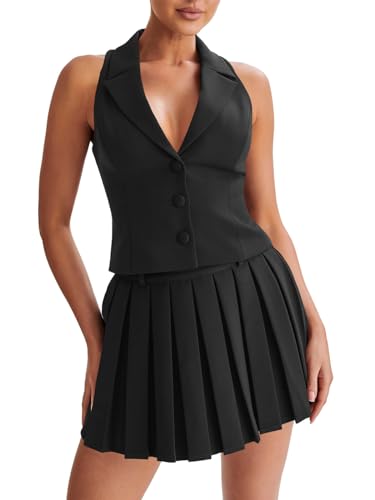 Cicy Bell Womens Summer 2 Piece Outfits V Neck Blazer Vest Matching Sets and Mini Pleated Skirts Black