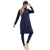 Muslim Swimsuits for Women Hijab Modest Islamic Arabic Swimwear Burkini Swimming Muslim Dress Top Pants Rash Guard 3 PCS Swim Bathing Suits Traje De Baño Musulmán para Mujer Dark Blue L