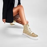 UBWDU Women's High Top Glitter Tennis Sneaker Platform Sneaker Shoes with Zipper Rhinestone Bling Wedding Bridal Shoes Shiny Sequin Shoes Gold