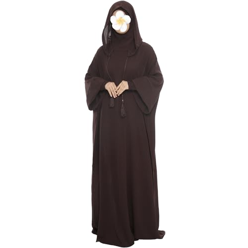 khalat Muslim Prayer Dress Abaya Solid One-Piece Hoodie Abaya Dress for Women Long Maxi Dress Islamic Dubai Jilbab Dark Brown