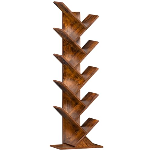 SHEEPAM 10 Tier Tree Book Shelf, Floor Standing Wood Bookshelf for Narrow Space, Storage Organizer Bookshelves for Books/CDs/Magazine, Bookcase with Shelves for Home Office, Living Room - Brown
