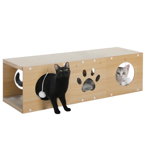 PEQULTI Cardboard Cat Scratching Pad, Cat Tunnel House with Cat Scratcher and Play Pompom, Interactive Cat Scraching House for Indoor Cats