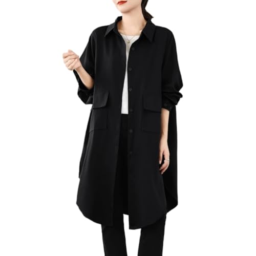 Large Size Womens Autumn top Korean Loose Midlength Casual Shirt Jacket S1 Black8 L