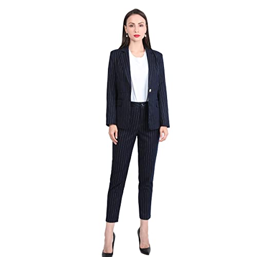 YYNUDA Women's Casual Striped 2 Piece Office Work Business Suit Set Blazer and Pant Blue