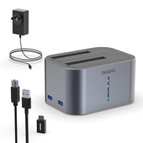 GODO Hard Drive Dock USB 3.0 to SATA I/II/III RGB Dual Bay Aluminum External Hard Drive Docking Station for 2.5 3.5 inch SATA HDD SSD Support UASP, 2x16TB + 2 USB3.0 Ports