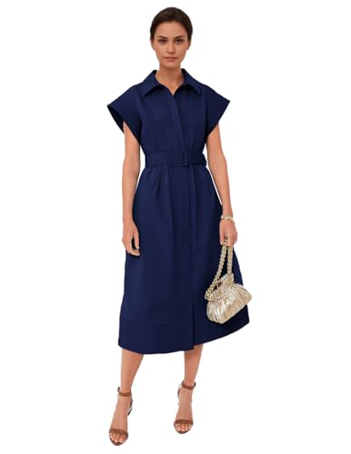 Fenclushy Women's Casual Button Shirt Dresses Short Sleeve Business Long Dresses Elegant Trench Coat with Pockets(Navy,M)