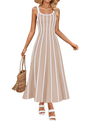 ZESICA Womens 2025 Summer Sleeveless Striped Midi Dresses Casual A Line Swing Knit Long Dress Beach Vacation Clothes,Oatmeal,Medium