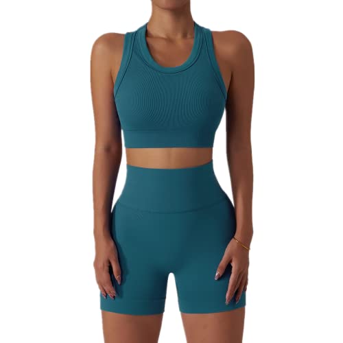 ABOCIW Women 2 Piece Seamless Gym Workout Sets Ribbed High Waist Biker Shorts with Racerback Sports Bra Yoga Crop Tank Top Yoga Exercise Outfit Teal Small