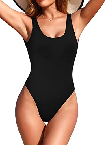 SHEKINI Women's Retro High Cut Low Back One Piece Swimsuits Brazilian Bikini Bathing Suit(Small/(US 4-6), Manhattan Black)