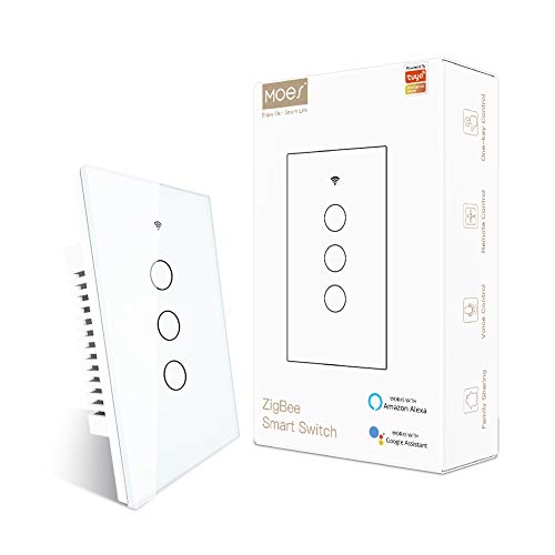 MOES ZigBee Smart Touch Wall Light Switch,Requires Tuya ZigBee Hub,No Neutral Wire/N+L Wiring,No Capacitor,Smart Life Tuya 2/3 Way Remote Control, Work with Alexa Google Home, 2MQTT,3 Gang White