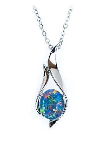 Australian Fire Black Opal Triplet - Genuine Australian Triplet Opal Necklace Pendant in 925 Sterling Silver Gold Plated Women's Jewelry Multi Color (Green/Blue)