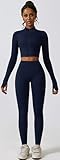 3 Piece Workout Sets for Women with Strappy Sports Bras High Waist Leggings Crop Top Jacket Gym Yoga Outfit S Navy Blue