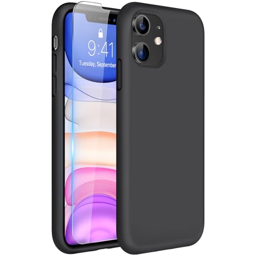 Miracase Designed for iPhone 11 Phone Case, with Screen Protector, Liquid Silicone Gel Rubber Full Body Drop Protection Shockproof Cover Phone Case for iPhone 11 6.1 inch (Black)