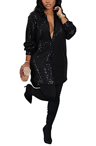 Sequin Dress for Women Sparkle Glitter Evening Lapel Collar Button Down Casual Blouse Top Shirt Dresses 1-Black X-Large