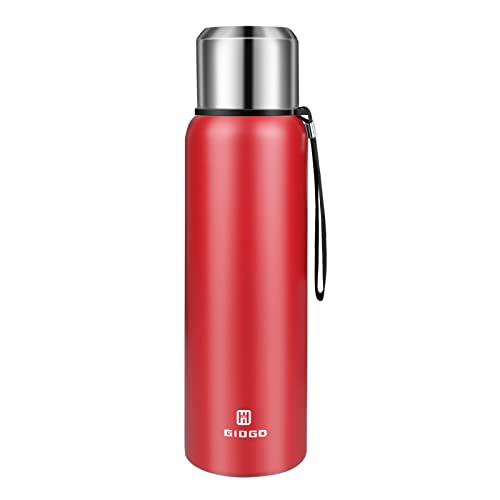 Insulated vacuum Thermo Bottle 1000ml/33.8oz with cup Stainless steel coffee bottles for hot and cold drink water flask.(Red,1000ml)