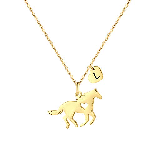 MONOOC Stainless Steel Gold Horse Necklaces for Girls & Women - Heart Initial L Necklace Gifts for Horse Lovers, Kids & Teens (10-12)
