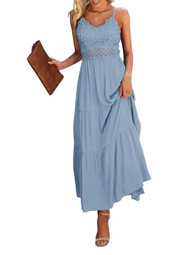 Dokuritu Women's Beach Crochet Lace Maxi Dress Cocktail Vacation Summer Spaghetti Strap Baby Blue Long Dress Wedding Guest Dress 2024(Blue,S)