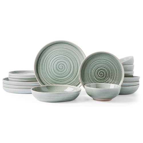 MONITO Ceramic Green Dinnerware Sets-16 Pieces Set,Plates Pasta Bowls Soup Bowls Handpainted Spirals Pattern Ceramic Combination Set with Dinner Plate,Modern Stoneware Dishes,Gift,Cream Green