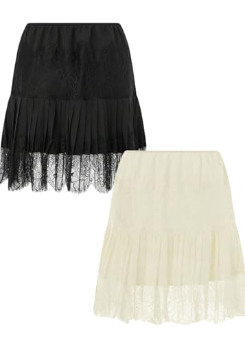 Women's Lace Slip Skirt Y2k Vintage Skirts Pleated Ruffle Floral Lace Tiered Short Mini Underskirt(Black and Beige-XXL)