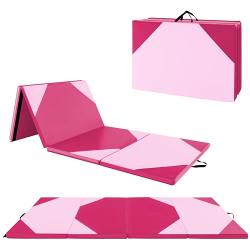 Giantex 4'x10'x 2" Gymnastics Mat, 4-Panel Folding Aerobics Exercise Mat w/Hook & Loop Fastener, Carrying Handle, Portable Tumbling Mat for Stretching Yoga Cheerleading Martial Arts, Pink/Rose