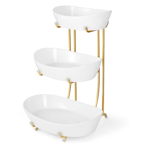 Yedio Fruit Bowls for Kitchen Counter, No Assembly Required, 3 Tier Porcelain Serving Bowls with Metal Stand, Tiered Fruit Basket for Fruit Vegetable Storage, Snack, Nuts, Cake, Dessert
