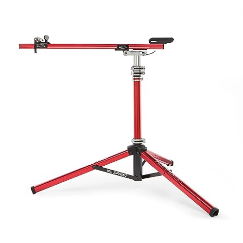 FEEDBACK SPORTS | Sprint Bike Repair Stand | Compact Bicycle Workstand W/Tripod Base | 360-Degree Rotation | Dropout Style Mount | Red