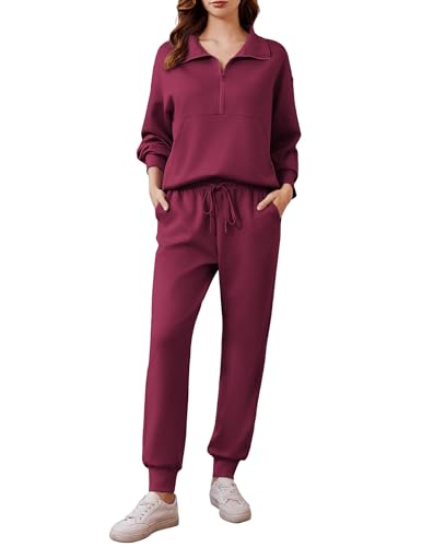 PINSPARK Two Piece Sets for Women 2024 Fall Travel Outfits Long Sleeve Lounge Set Tracksuit Sweatsuit Half Zip Jogger Sets Matching Sets Preppy Clothes,Magenta Purple Large