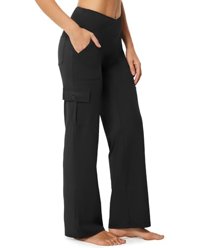 Casei Yoga Pants with Pockets for Women Wide Leg Cargo Pants High Waist Crossover Stretch Work Travel Casual Sweatpants,Black(S)
