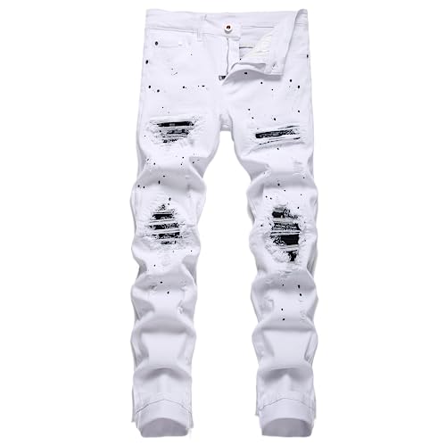 OIIIO Men's Patch Ripped Stretch Regular Fit Jean (32, 6619 White)