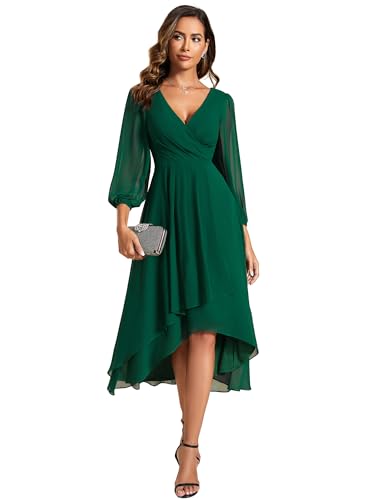 Ever-Pretty Women's Chiffon V Neck Long Sleeves Pleated A-Line Midi Length Wedding Guest Dress Dark Green US8