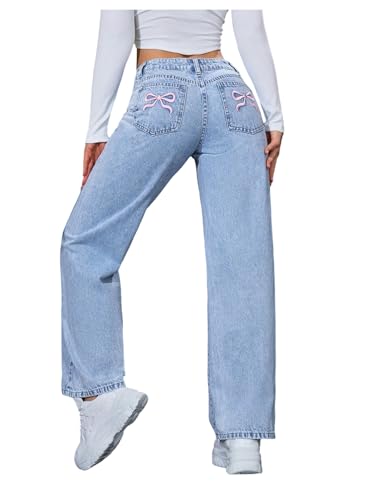 WDIRARA Women's Bow Embroidered Mid Rise Baggy Jeans Y2k Straight Leg Denim Pants with Pockets Light Blue Petite-XXS
