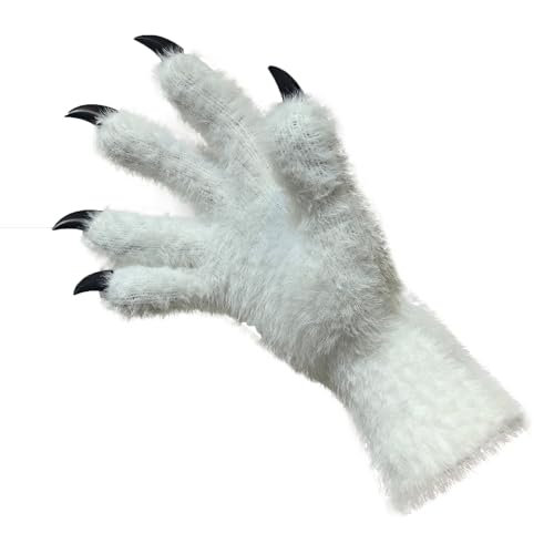 SCLMRO Kigurumi paws & Fursuit paws, kig Ver, Black Furry Costume Gloves with White Claws, Cosplay Paw Gloves (White, Normal)