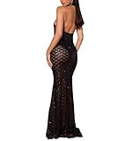 PORRCEY Sexy Women Sparkly Sequins Halter Mesh See Through Maxi Dress Party Club Evening Dress(Y9870,Black,M)