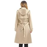 FARVALUE Women's Waterproof Trench Coat Long Double Breasted Windbreaker Classic Belted Lapel Overcoat with Removable Hood Khaki Large