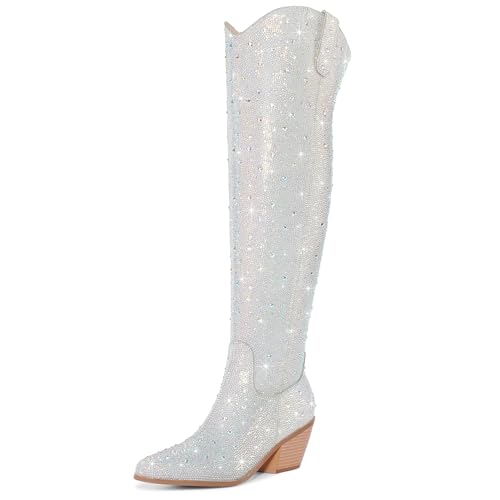 RONILURN Women Rhinestone Over the Knee Cowboy Boots, Sparkly Bling Cowgirl Boots Western Thigh High Boots Pull-On Side Zippers Chunky Heel Pointed Toe Size5-12 For Fashion&Daily