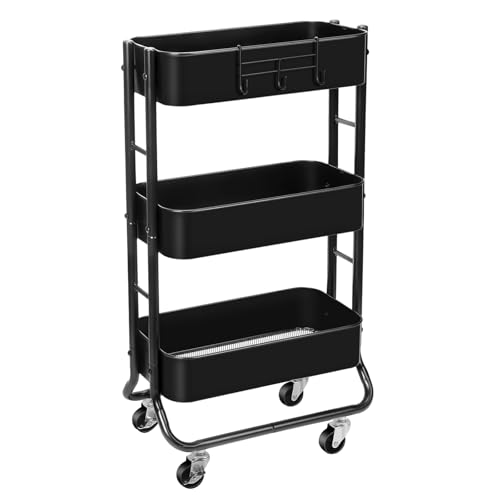 MAX Houser Slim 3-Tier Rolling Utility Cart, Narrow Metal Bathroom Storage Multifunctional Organizer Carts with Wheels with Extra Hook, Laundry Room,Kitchen,Small Space(Black)