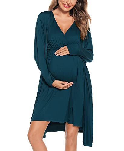 SWOMOG Women Maternity Nursing Gown and Robe Set 3 in 1 Labor Delivery Nursing Nightgown for Breastfeeding Hospital Bathrobe Blue Green