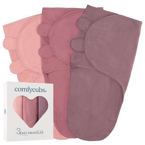 Comfy Cubs Easy Swaddle Blanket, 3 Pack - 100% Cotton Newborn Wrap, Small for 0-3 Months Infants, with Adjustable Velcro, Breathable and Durable Sleep Sack for Babies - Blush, Mauve & Mulberry