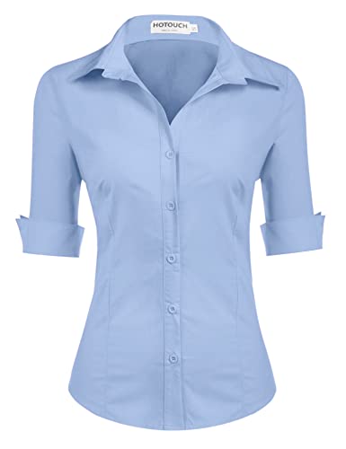 HOTOUCH Women 3/4 Sleeve Button Front Oxford Blouse Basic Shirt Blouses (French Blue M)