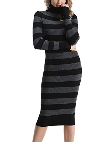 Rocorose Women's Turtleneck Sweater Long Sleeve Slim Fit Knit Sweater Dress Black and Grey L