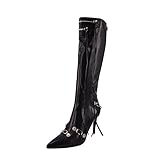 onlymaker Women's Fringed Knee High Boots Stiletto High Heel Zipper Rivets Metallic Pointed Toe Bootie Fashion Dressy Party Black Size 7