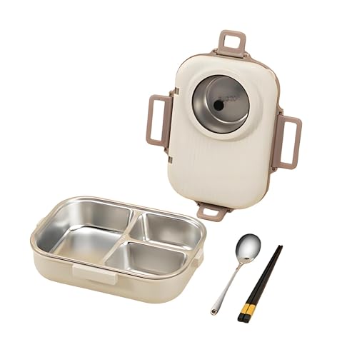 Ausenzup Bento Lunch Box, 304 Stainless Steel Portable Leakproof Lunch Food Containers Set with 3 Compartment for Adults - with Chopsticks Spoon Soup Bowl Gift for Friends, Family (Beige)