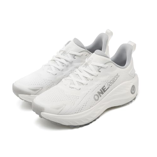 ONEMIX Shock-Absorbing Running Shoes - SpaceFoam Ultra-Cushioned Midsole & Stabilizing Wide Toe Box - Non-Slip Gym Training Shoes with Lateral Support 11 White