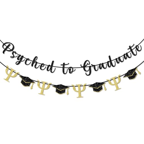Psyched to Graduate Glitter Banner, Psychology Graduation Party Decorations, 2025 College Congrats Grad Bunting Sign Pre-Strung Party Decor, Black