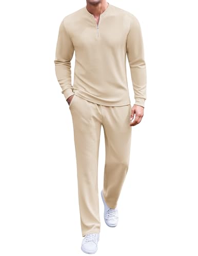 COOFANDY Men's Tracksuit 2 Piece Set Outfits Quarter Zip Polo Sweatsuit Athletic Long Sleeve Casual Sports Jogging Beige